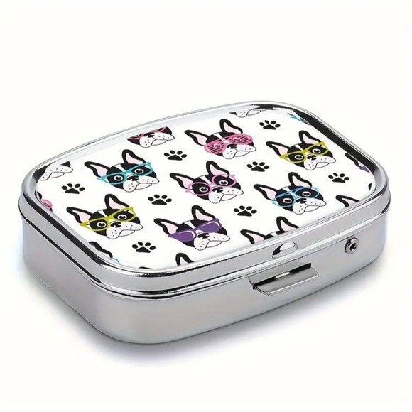 Other - French Bulldog Print Metal Pill Box Case 2 Compartment Mirror Silver